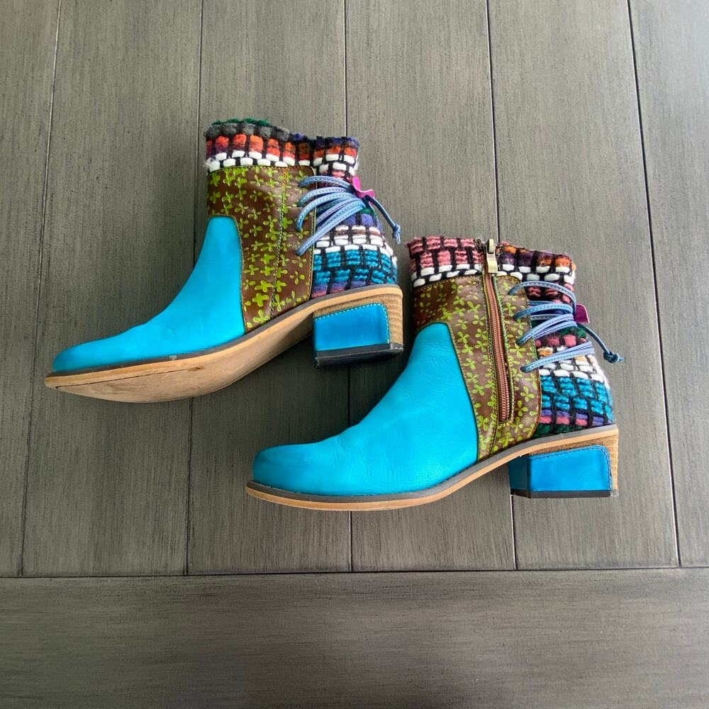 Socofy Boho Embellished Ankle Boots • Size 41/US 9.5 • Turquoise Multi